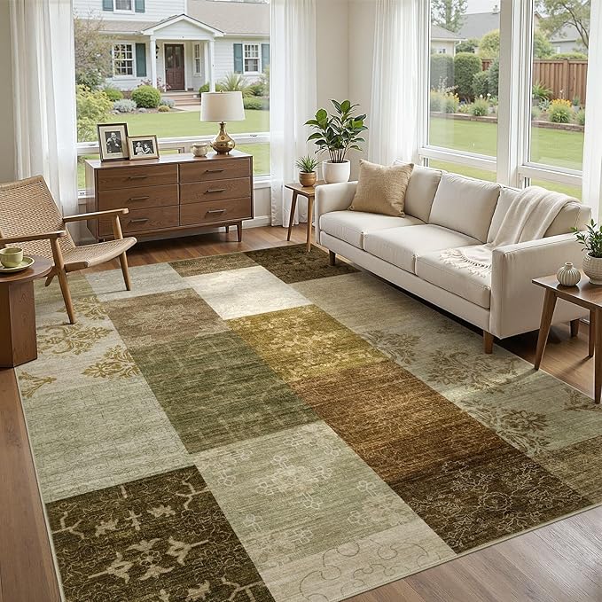 UERMEI 6x9 Area Rug for Living Room - Washable Neutral Modern Abstract Carpet, Non-Slip Soft Large Indoor Floor Rugs for Bedroom Home Office & Under Dining Table Decor, Brown/Green