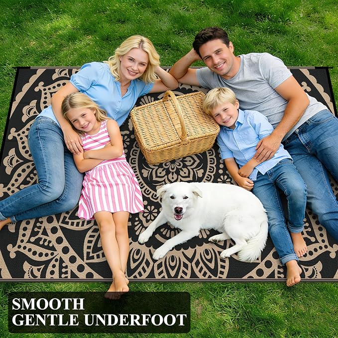 Bsmathom Waterproof Outdoor Rug, 5'x8', Black | Reversible, Boho Plastic Straw, Portable RV Mat, For Patio, Deck, Camping, Porch, Balcony, Backyard, Beach, Pool