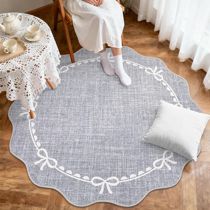 GarveeHome 5ft Round Rugs Washable Scalloped Bow Rug for Bedroom, Grey | Non Slip Soft Low Pile Ultra-Thin Stain Resistant Indoor Carpet for Living Room Nursery Girls Dorm Decor Kids Room Playroom