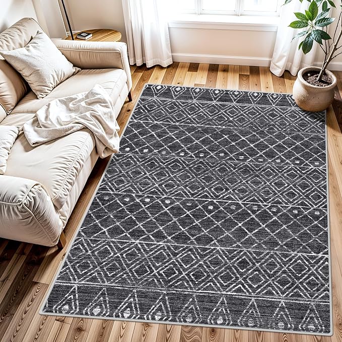 3x4 Black Non Slip Moroccan Rug: Washable Modern Geometric Area Rug | Soft Stain-resistant Mat ,Easy Maintenance, Ideal for Entryway, Living Room, Bedroom , Dining room, Great for Homes with Pets
