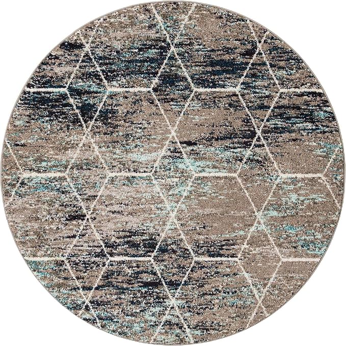 Unique Loom Trellis Frieze Collection Area Rug - Geometric (5' Round, Blue Multi/ Ivory)