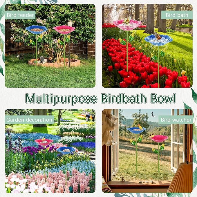 2 Pack Bird Baths for Outdoors, Colorful Metal Bird Bath for Outside, Hummingbird Bath with Five Stakes, Garden Flower Small Birdbath for Garden Decor, 31.3" H x 10.63" Dia (Royal Blue,Pink)