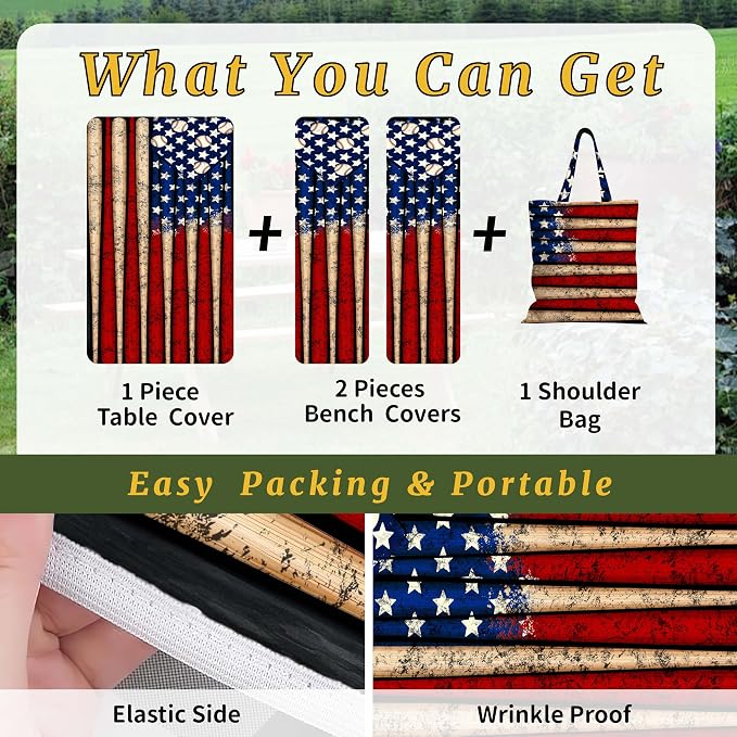 Picnic Table Cover with Bench Covers Elastic,Fitted Table cloths for Rectangle Tables 6 Foot Washable,Waterproof Tablecloth for Outdoor Camping Essentials Accessories(6 Foot,American Baseball)