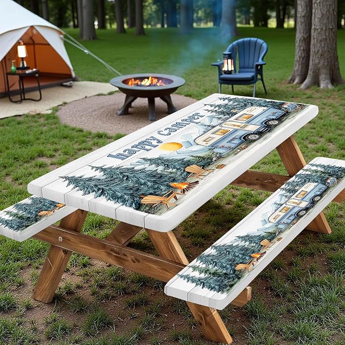 Picnic Table Cover with Bench Covers Elastic Edges, Outdoor Patio Camping Essentials 60 Inch 3PCS, Camper Fitted Table Cover, Waterproof Rectangle Tablecloth with Drawstring Bag,RV