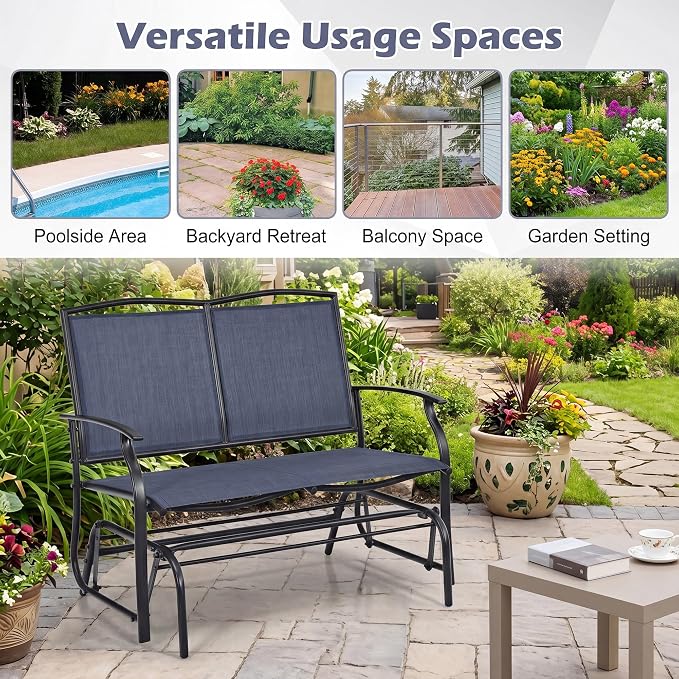 Tangkula 2-Person Patio Swing Glider Bench, Outdoor Rocker Glider Loveseat Chair W/Heavy-Duty Steel Frame, Breathable Seat Fabric, Rocking Lounge Chair for Poolside, Garden, Backyard (Dark Blue)