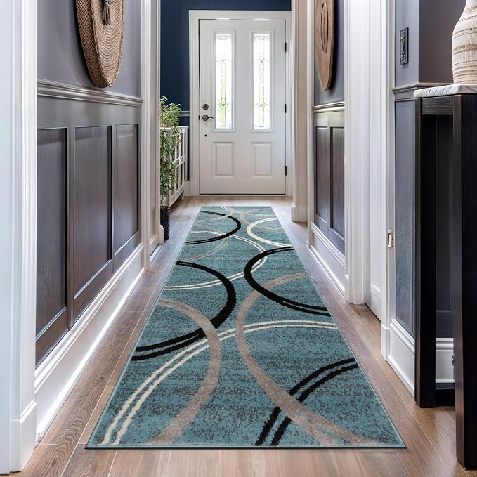 Rugshop Wavy Circles Modern Non-Shedding Runner Rug Blue 2'7" x 12' | Rectangular, Size 2'7" x 12', Living Room, Bedroom, Dining Room, Home Office, Kitchen, Entryway, Hallway, Nursery, Kids Room