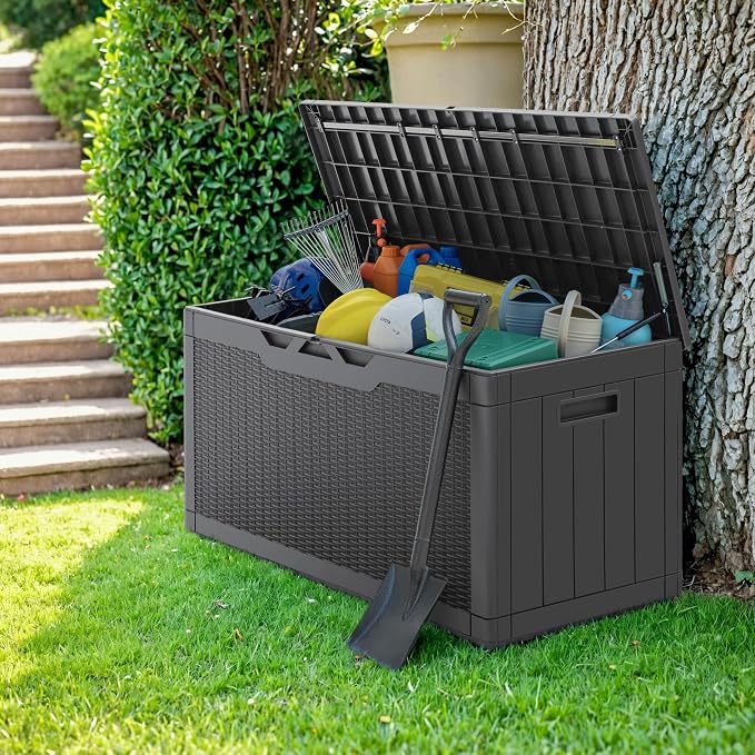 Greesum 100 Gallon Resin Deck Box Large Outdoor Storage with Cushions for Patio Furniture, Garden Tools, Pool Supplies, Weatherproof and UV Resistant, Lockable,Gray