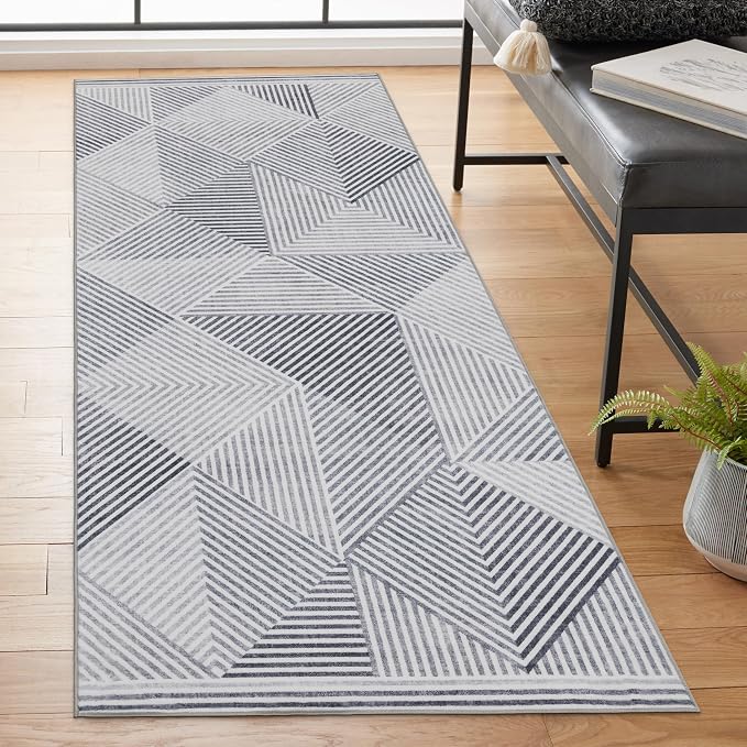 Machine Washable Area Rug Runner - Living Room Bedroom Bathroom Kitchen Entryway Office - Padded Low Pile Stain Resistant Premium - Modern Geometric Contemporary - Miles - Gray 2'6"x10'