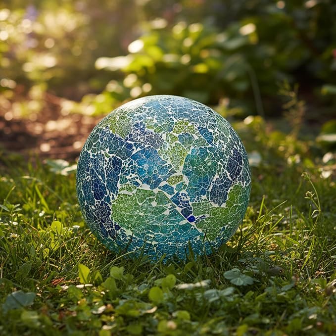 Sunnydaze 10" Mosaic Glass Gazing Ball for Garden, Globe for Outdoor Decor | Azul Terra, 2 pk, Decorative Sphere Fits Most Stands, Garden Ball for Outside, Flower Bed, Backyard, or Indoor Display