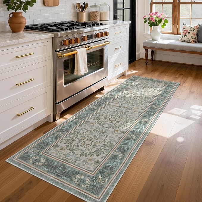 GarveeHome Washable 2x6 Hallway Runner Rug Non Slip Kitchen Rugs Sage Green | Boho Vintage Runner Rugs with Rubber Backing Soft Low-Pile Stain Resistant Indoor Long Carpet for Entryway Bedroom Laundry