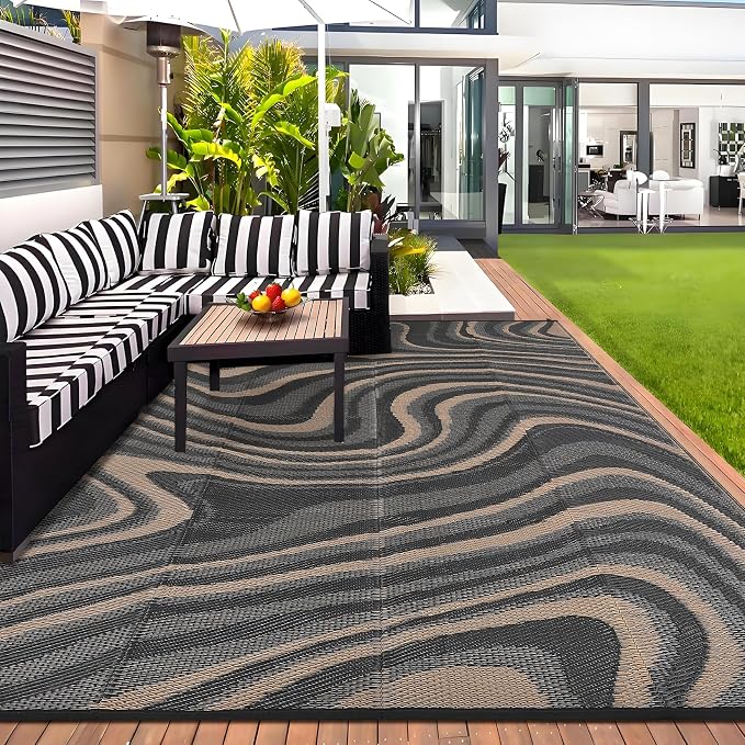 Garvee 10x14 Outdoor Waterproof Rug, Modern Foldable Lightweight Plastic Straw Rug with Portable Bag, Reversible UV Resistant Abstract Rug for Backyard, Picnic, Beach, RV, Porch, Black Coffee