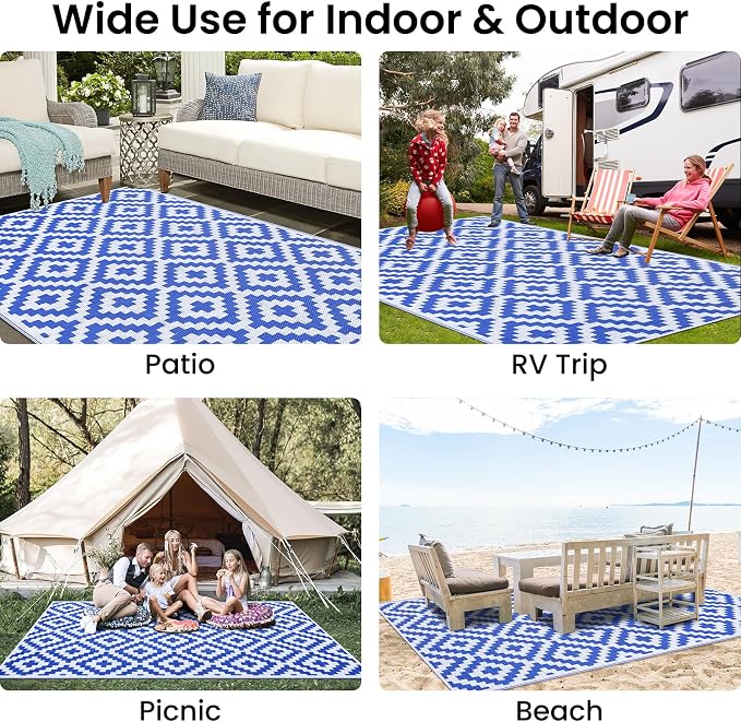 Smiry Waterproof Outdoor Rug 6x9 ft, Reversible Plastic Straw Patio Camping Rugs, Outdoor Indoor RV Mat Carpet for Patio, Outside Entry, Backyard, Deck, Bench, Picnic, Camper, White & Blue