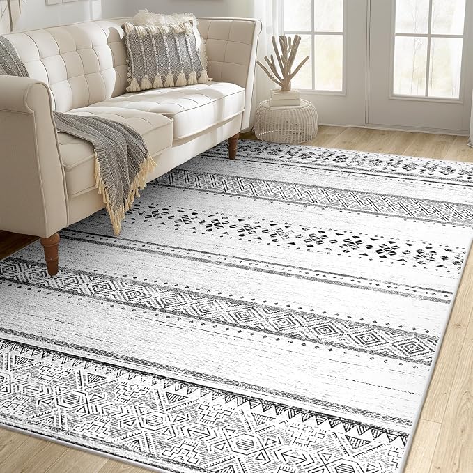 4x6 Washable Area Rugs for Living Room Boho Bedroom Rug Grey/Black/Navy | Vacuum Friendly, Machine Washable, Non-Slip Rug, Stain Resistant, Moroccan Geometric, Low Pile Carpet, Dining Room Kitchen