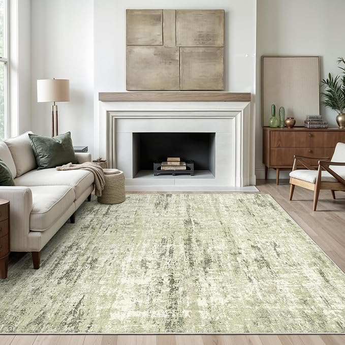 Valenrug 6x9 Area Rugs, Abstract Large Washable Rugs for Living Room, Green | Soft & Lighweight, Folable, Stain Resistant Low Pile Thin Indoor Distressed Carpet Rugs for Bedroom,Laundry Room,Kitchen