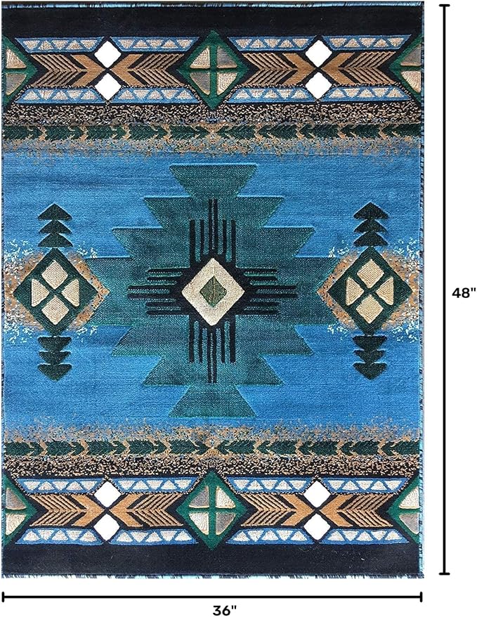 YHSF South West Native American Area Rug C318 - Easy Clean, Thick, Soft, Durable Native Tribal American Indian Inspired Rug for Bedroom/Living Room and More - Blue-Green, 3 Feet x 4 Feet 7 Inches