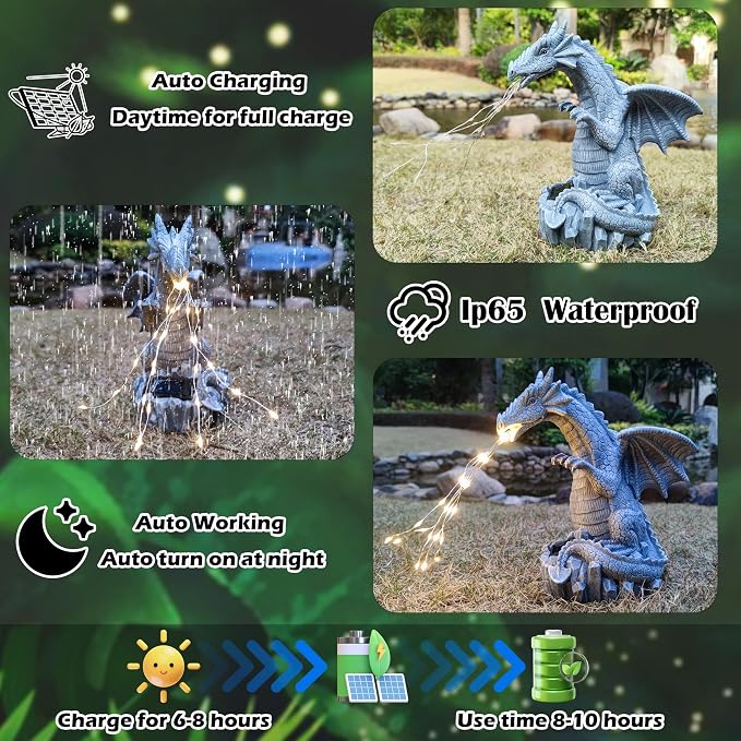 Solar Dragon Garden Statues Outdoor Lights Watering Decor, Resin Dragon Figurine with 30 LED String Lights Lawn Patio Balcony Art Decoration,Housewarming, Birthday,Mothers Day Mom Gifts