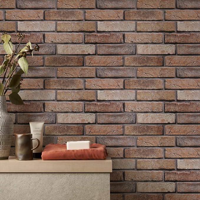 COMSTICKC 3D Brown Faux Brick Wall Panel Peel and Stick Wall Covering, 12 Pcs of 22.8" x 11.8", Not Real Brick, UrltraLight PVC Self Adhesive Brick Decorative Tile Interior, Covers 22.48 sq.ft