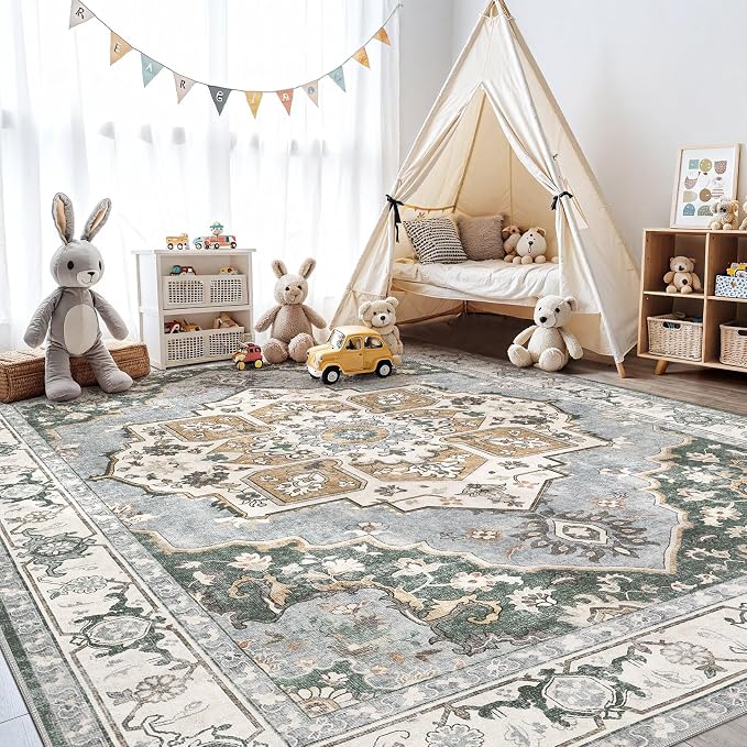 8x10 Washable Area Rug: Vintage Neutral Soft Non Slip Thin Large Floor Carpet for Living Room Bedroom Kitchen Dining Room Home Office Farmhouse Indoor - Green