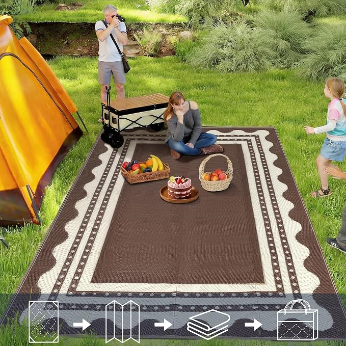 IDEALHOUSE Waterproof Outdoor Rug 8x10 for Patio, Reversible Modern Area Rug, Large Plastic Straw Mat for Camping, RV, Porch, Backyard, Deck, Picnic, Beach, Brown & Beige