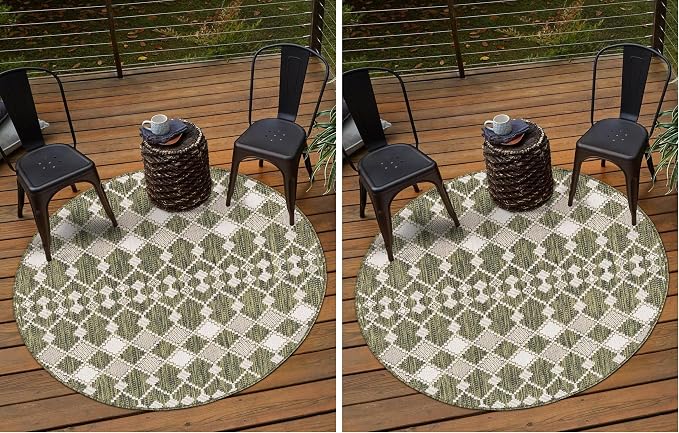 Unique Loom Outdoor Trellis Collection Area Rug - Traliccio (3' Round, Green/Ivory) (Pack of 2)