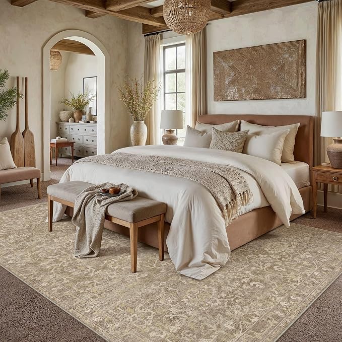 5x7 Light Brown Vintage Floral Washable Area Rug for Living Room | Low Pile, Non Slip, Retro Style, Soft Distressed Indoor Rug for Bedroom, Dining Room, Kitchen, Entrance, Home Decor