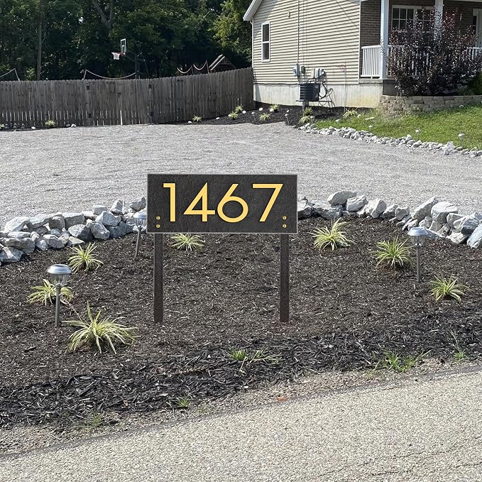 Personalized Address Sign LAWN MOUNTED - House Number Sign,Address Plaque,House Address Numbers for Outside House Lawn Insert,Yard,Ground,Garden,Drive Way Free Standing with Stakes(Golden)