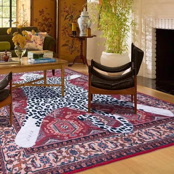 Oriental Leopard Rug 8x10 ft Washable Traditional Red Area Rugs for Bedroom Living Room, Dining Room Under Kitchen Table, Soft Non Slip Thin Rug Carpet (Red Leopard, 10X8 FT)