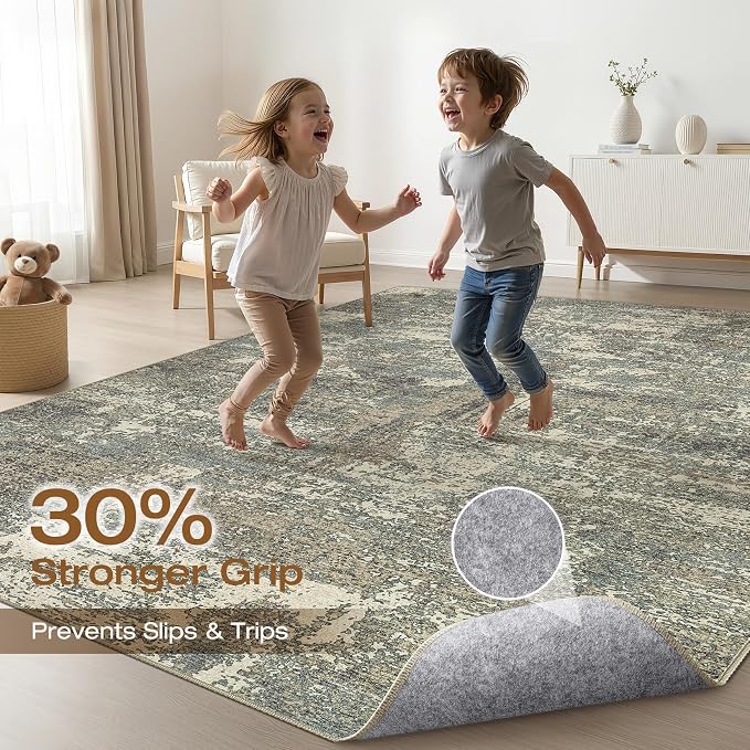 LOONGRUG 5x7 Area Rug Washable Neutral Modern Living Room Rug Green Brown | Abstract Soft Stain Resistant Indoor Floor Non-Slip Carpet for Bedroom Nursery Kids Office Playroom
