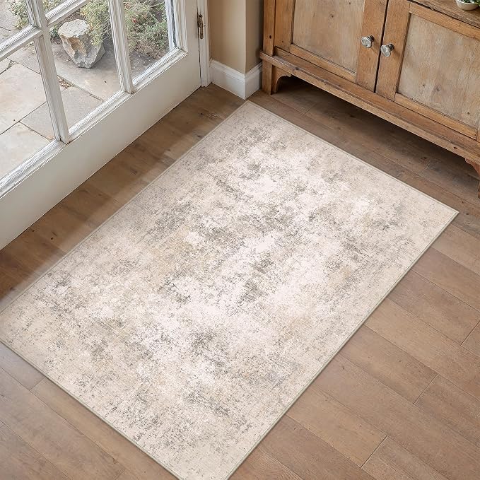 2x3 Beige Modern Abstract Washable Area Rug for Entryway | Low Pile, Non Slip, Modern Abstract Style, Soft Indoor Rug for Entryway, Kitchen, Bathroom, Door Mat, Home Decor