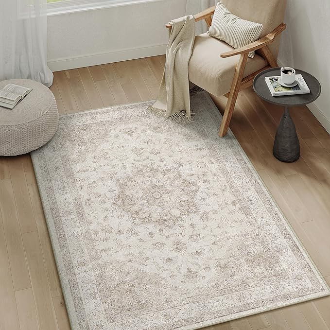 Beige 3x4 Washable Area Rug Vintage Oriental Medallion Doormat | Soft Low Pile, Non Slip, Stain Resistant, Neutral Retro Decor for Enyrtway, Living Room, Bedroom, Kids Room
