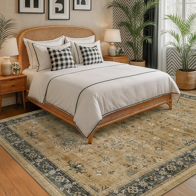 Washable 9x12 Living Room Rug - Vintage Extra Large Area Rugs for Dining Room Under Table, Rustic Brown and Charcoal Olive Low Pile Carpet for Bedroom Under the Bed, Non-Slip Stain & Fade Resistant