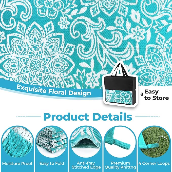 Findosom Waterproof Outdoor Rug 5' x 8' - Reversible Mandala Outdoor Plastic Straw Rug, Durable Foldable Patio Rug for RV, Deck, Balcony, Backyard, Picnic, Porch, Camping, Beach, Blue