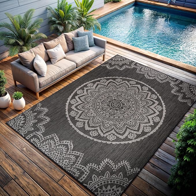 CAMILSON Outdoor Rug 10x14 Modern Area Rugs for Large Indoor and Outdoor Patios and Porches - Washable Non-Shedding Easy-to-Clean Outside Carpet (10 x 14, Medallion - Dark Grey/Light Grey)