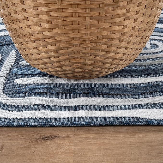 CAMILSON Indoor Outdoor Rug, Navy Blue 8x10 Geometric Arch Striped Area Rugs for Patio and Home Areas, Easy-Cleaning Non-Shedding Living Room, Garden and Deck Washable Outside Carpet (8 x 10)