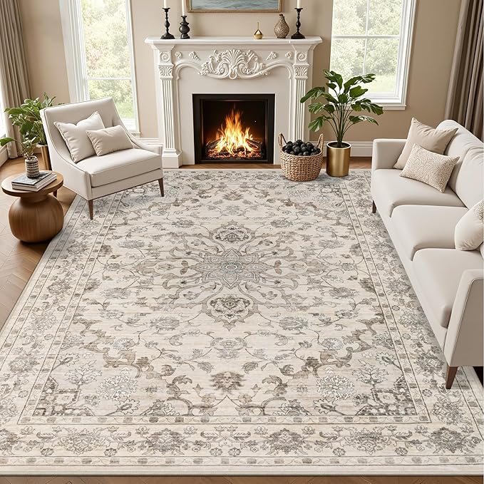 10x12 Area Rugs Living Room: Washable Rug for Bedroom Brown Beige | Vintage No Slip Stain Resistant Rug Soft Indoor Decor Floor Floral Area Rugs for Dining Room, Nursery, Hallway, Home Office