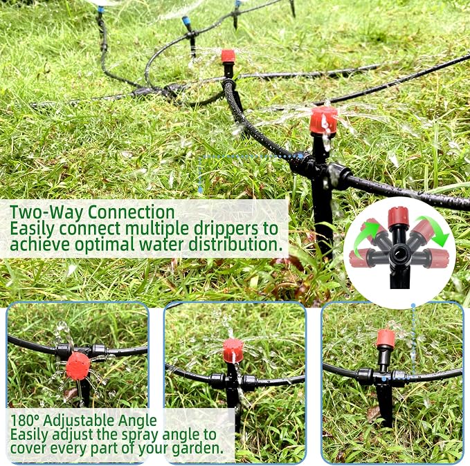 10PCS Push-to-Connect Drip Irrigation Emitters for 1/4 inch Irrigation Tubing, Two-Way Connection Adjustable Drip Emitter Sprayer with Stake, Irrigation Dripper Sprinklers for Drip Irrigation System
