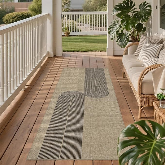 Outdoor Easy Jute Runner Rug: 2x6 Modern Natural Area Rugs for Front Patio Hallway Linen-Look Fabric Durable - Neutral Washable Mat for Entryway Kitchen Bedroom - Black Stripes