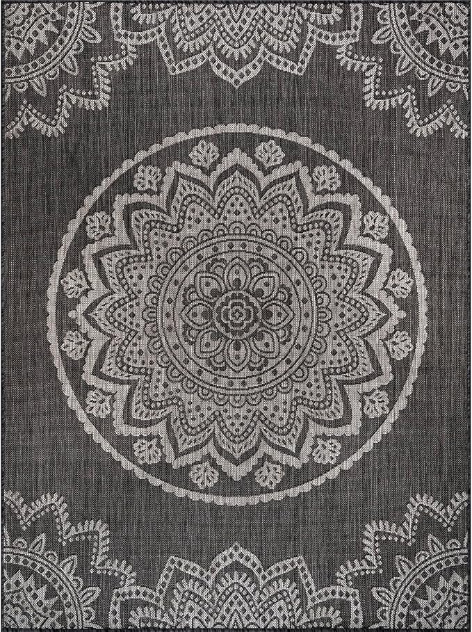 CAMILSON Outdoor Rug 5x7 Modern Area Rugs for Indoor and Outdoor Patios and Porches - Waterproof Washable Non-Shedding Easy-to-Clean Outside Carpet (5 x 7, Medallion - Dark Grey/Light Grey)