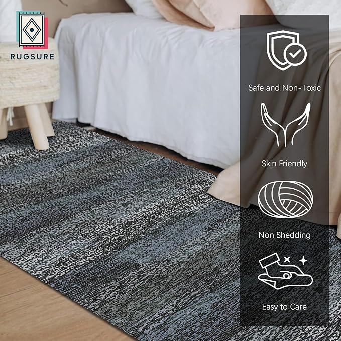 Washable Area Rug - 1/6 Thick - Stain & Water Resistant Non-Slip - Resistant Rug for Living Room, Bedroom, Nursery, Pet & Child Friendly, Vintage Charm Area Rugs (Darkgrey+Bule, 2'6'' x 8')
