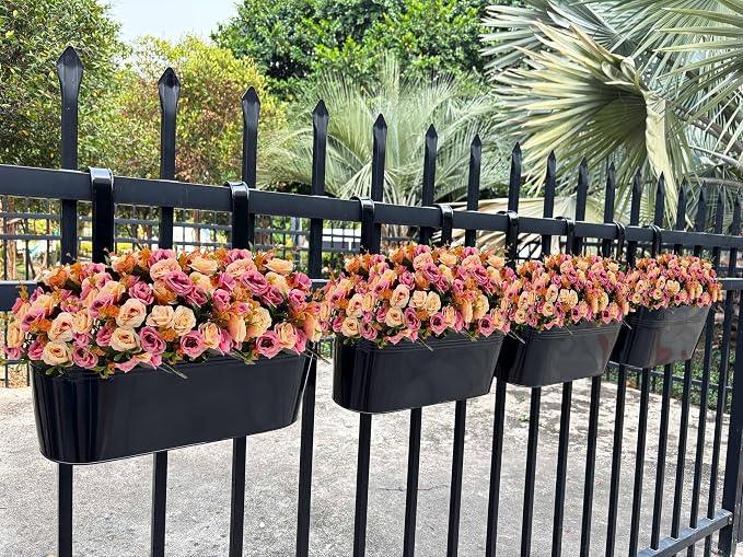 Hanging Planters for Outdoor Plants, 17" Railing Planter Pots, Metal Fence Flower Pot for Porch Balcony with Detachable Hookt (Black, Pack of 8)