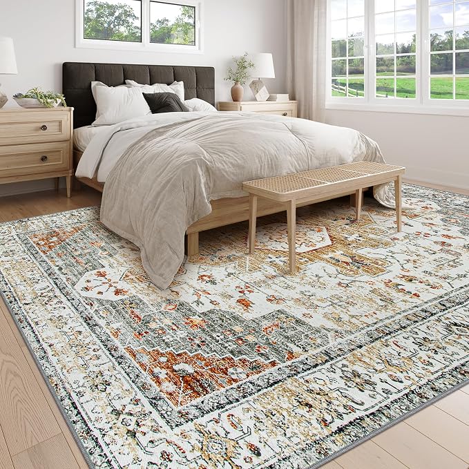 Moynesa Living Room Area Rug 9x12, Ultra-Thin Washable Large Rugs for Bedroom Under Dining Room Table, Vintage Oriental Medallion Printed Low Pile Carpet for Office Playroom Dorm, Beige/Gold