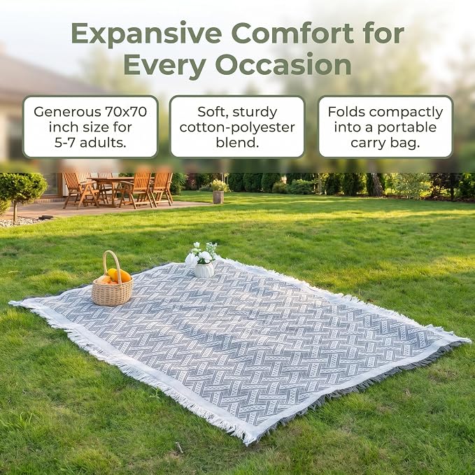 70x70 Bohemian Picnic Mat Extra Large, Sand Proof Outdoor Camping Blanket Machine Washable, Lightweight Portable Travel Tarp for 5-7 Adults Beach Park Grass (Gray-T-Grid)