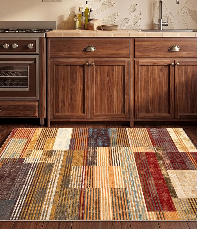 Brown Area Rug 3x5, Farmhouse Rugs Washable,Vintage Burgundy Carpets for Bedroom,Burnt Orange Area Rug Non Slip,Geometric Boho Rug for Kitchen,Dining Room