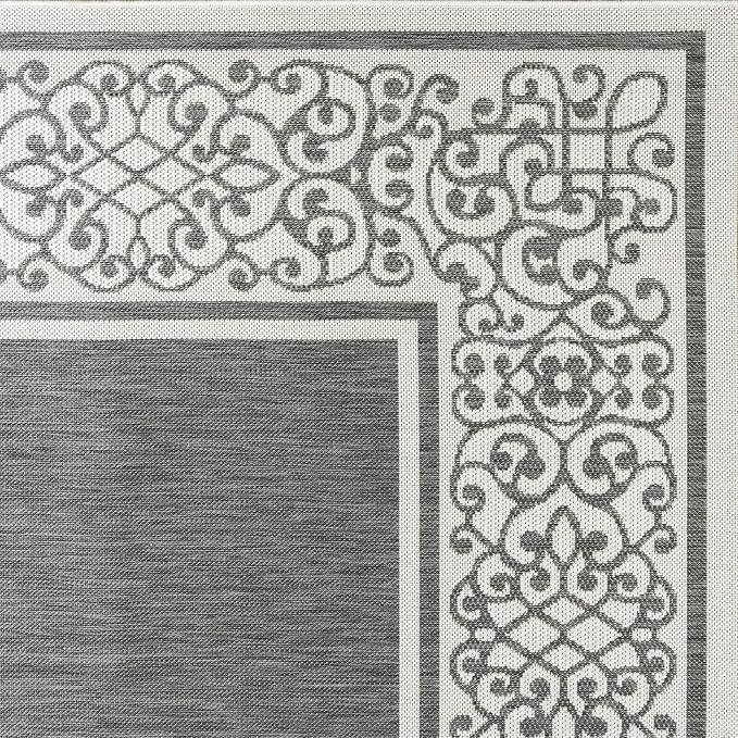 Gertmenian Indoor/Outdoor Flatweave Area Rug - 8x10 Large, Stain & UV Resistant, Ideal For Deck, Patio, Poolside, Mudroom - Abstract Border, Dark Grey White, 22947