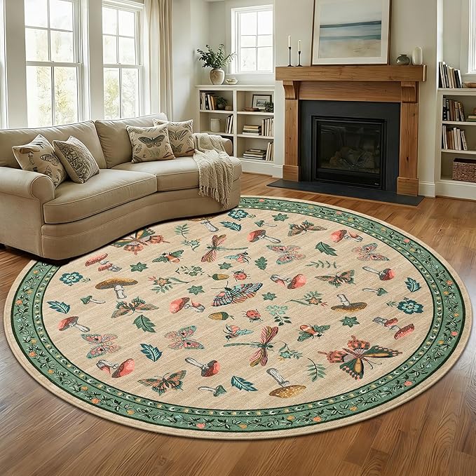 Mushroom Insect 6ft Round Rug Washable Non-Slip Soft Ultra-Thin Small Boho Circle Carpet for Entryway Kitchen Bedroom Nursery Dining Room Khaki Green