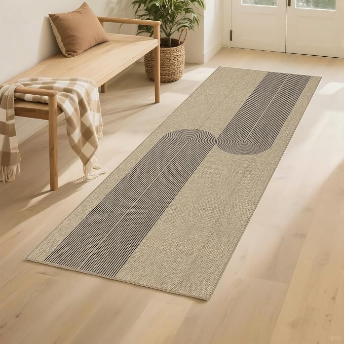 Outdoor Easy Jute Runner Rug: 2x6 Modern Natural Area Rugs for Front Patio Hallway Linen-Look Fabric Durable - Neutral Washable Mat for Entryway Kitchen Bedroom - Black Stripes
