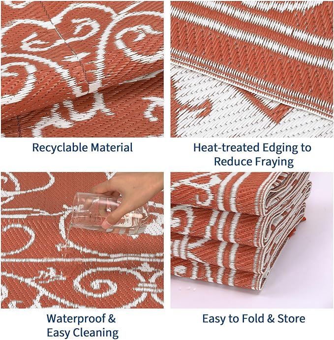Garvee 8x10 Outdoor Rug Waterproof Plastic Straw Rug Outdoor Patio Rugs Reversible Mat Easy Clean Foldable Lightweight Large Area Rugs for Patio Porch Backyard Camping RV Beach Balcony Vintage Orange