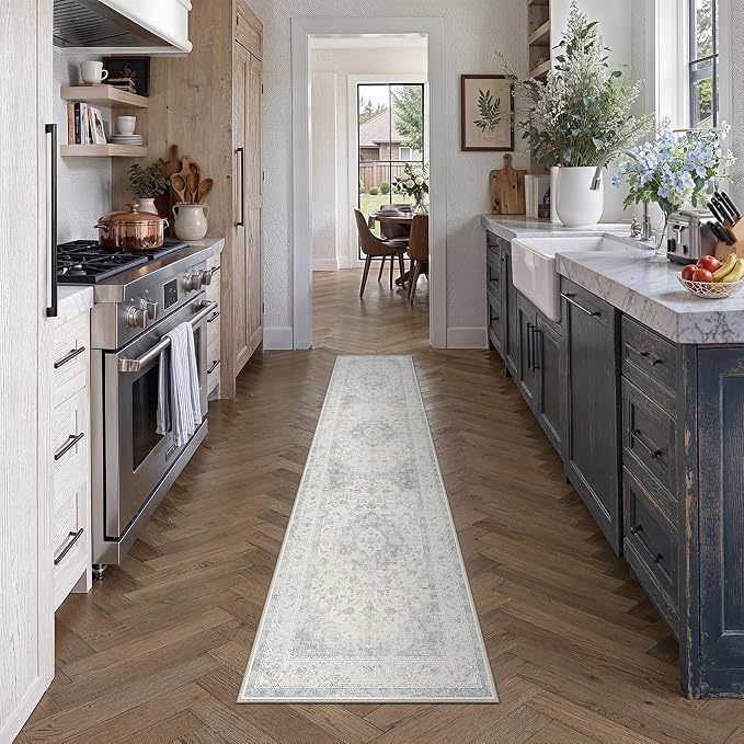 2x8 Blue Washable Runner Rug Non Slip Vintage Carpet | Low Pile, Stain Resistant, Living Room, Kitchen, Bedroom, Entryway, Laundry Room, Hallway, Soft, Thin, Lightweight