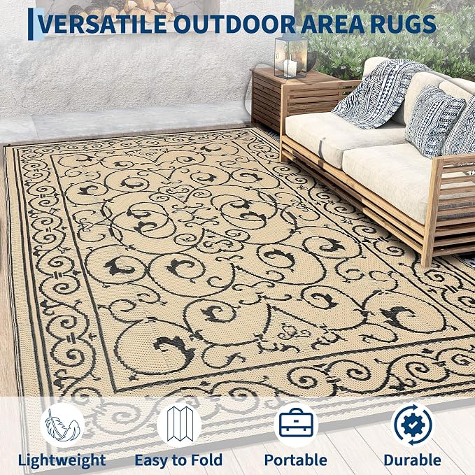 Garvee Outdoor Rug 9x18 Outdoor Patio Rug Reversible Plastic Straw Rugs Waterproof Foldable Mat Easy Clean Lightweight Carpet for Backyard Camping Porch RV Beach Balcony Deck Picnic Vintage Beige