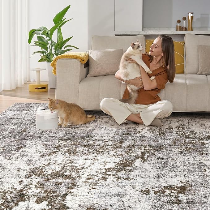 DMOYEST 10x12 Area Rug for Living Room Washable Abstract Indoor Carpet | Neutral Modern Low Pile Rugs Kid & Pet Friendly Large Soft Thin Carpet for Bedroom Dining Room - Dark Brown